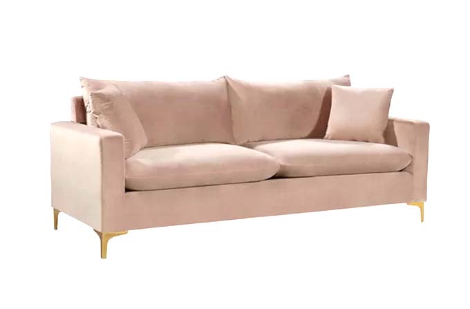 blush pink velvet boutwell sofa from wayfair with brass legs