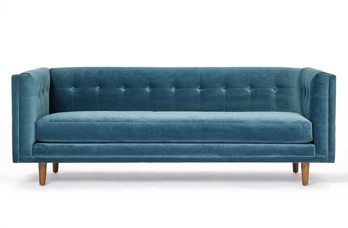 west elm velvet tufted sofa with single seat cushion