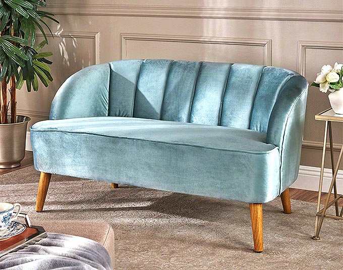 seafoam blue velvet settee sofa with seashell back