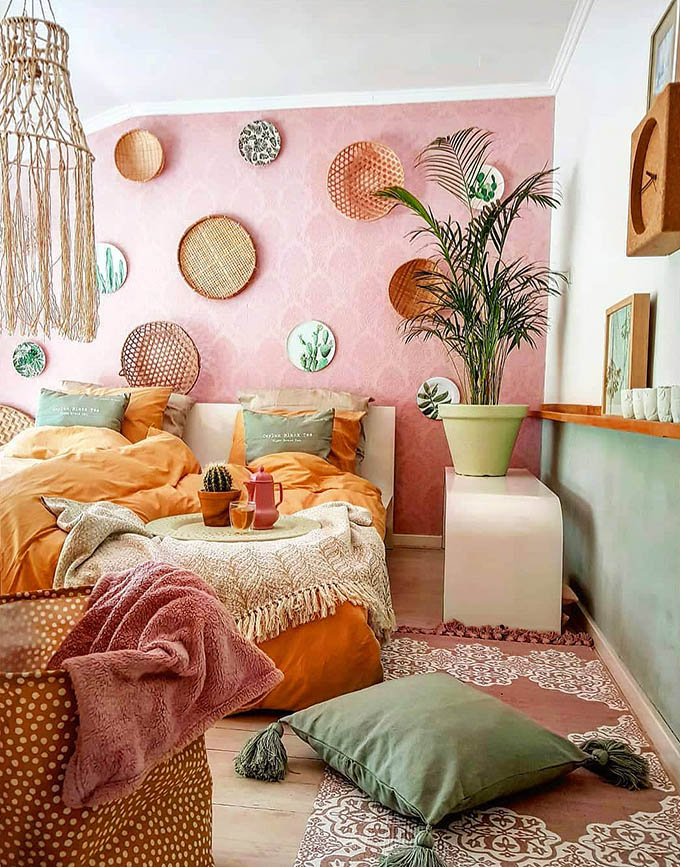 pink bohemian living room