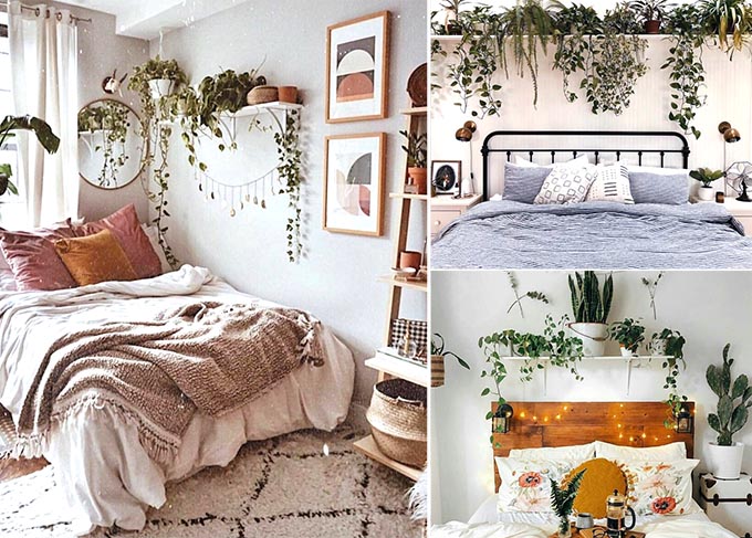 displaying plants above the bed for a boho bedroom look