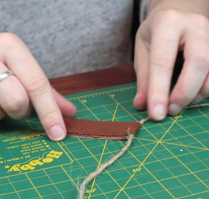 Making the leather tab in order to hang my DIY wall hanging - this step is optional in this project!