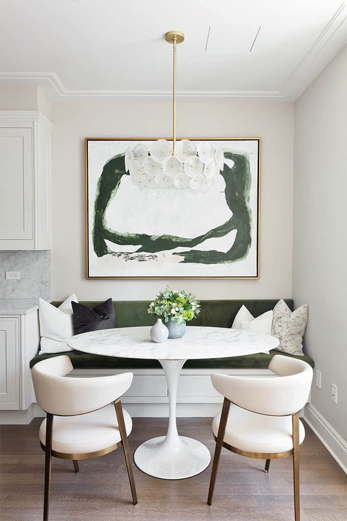 white and green breakfast nook