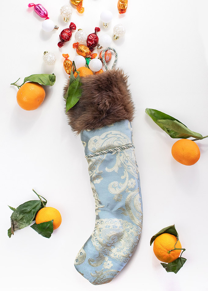 DIY handmade Silver Christmas stocking with brown fur cuff, free pattern available!