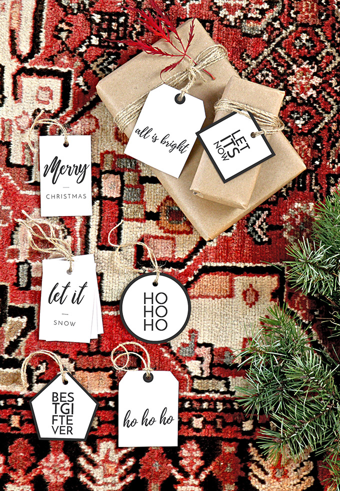 Black and white Free Printable Christmas Gift Tags, beautiful simple scandinavian style gift tags set on a Persian rug backdrop