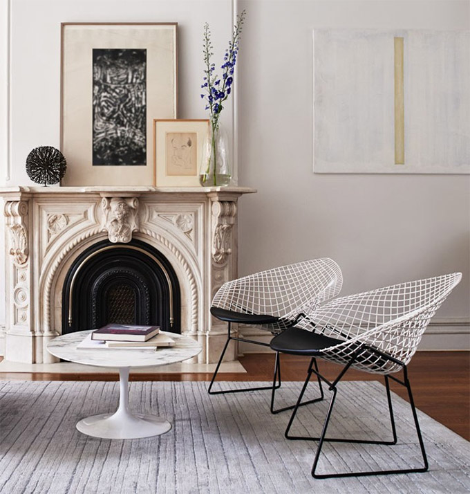 the diamond chair by harry bertoia is a design icon and used widely in scandinavian interiors