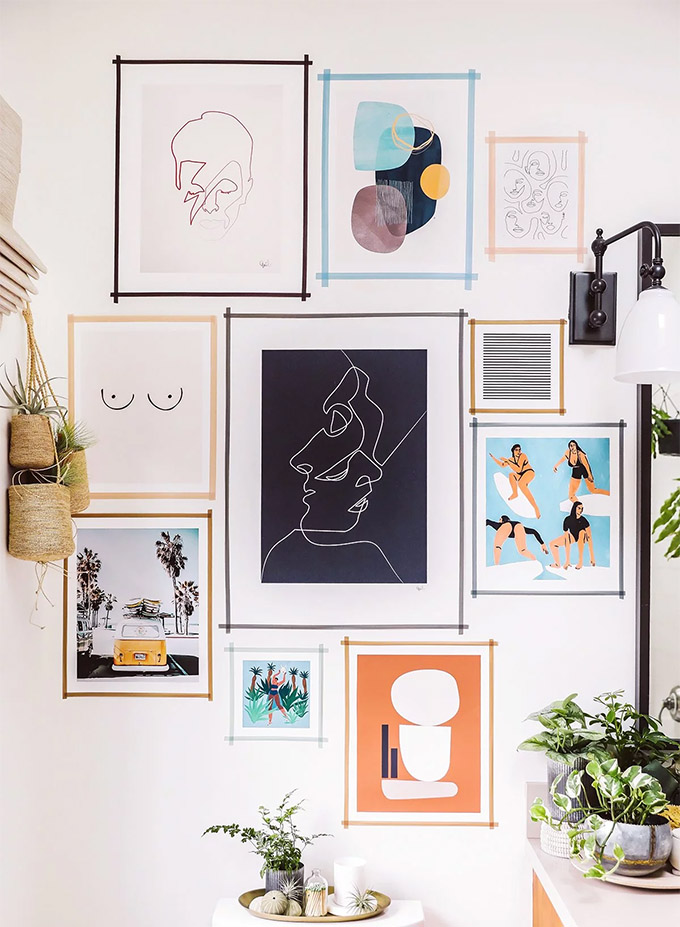gallery wall hung with washi tape