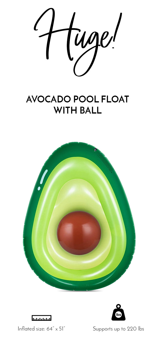 one of the most popular types of pool floats: avocado shaped!