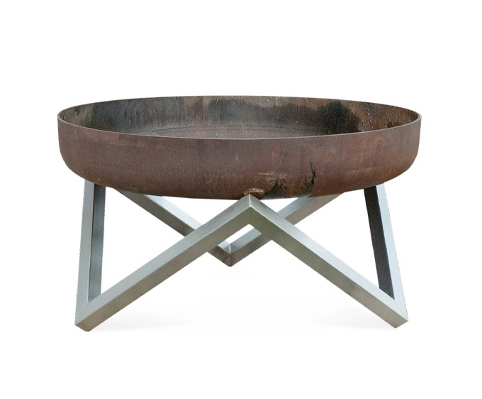 rusted round fire bowl on geometric legs