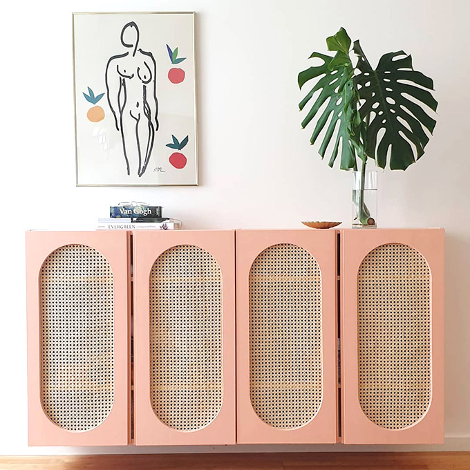Beautiful cane hack of the ikea ivar, paired with peachy pink paint and oval cut outs