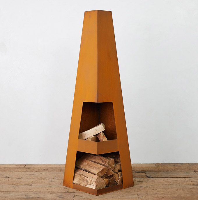 contemporary chiminea in rusty orange