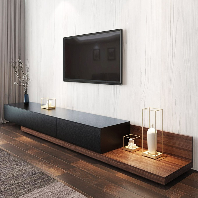 this modern asymmetrical TV console elevates the flat screen TV