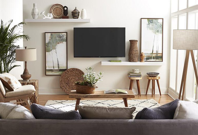 hanging shelves around your tv can be an effective tv wall idea if you don't want to use consoles or cabinets