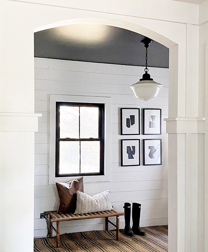 painted white shiplap in a modern farmhouse entryway