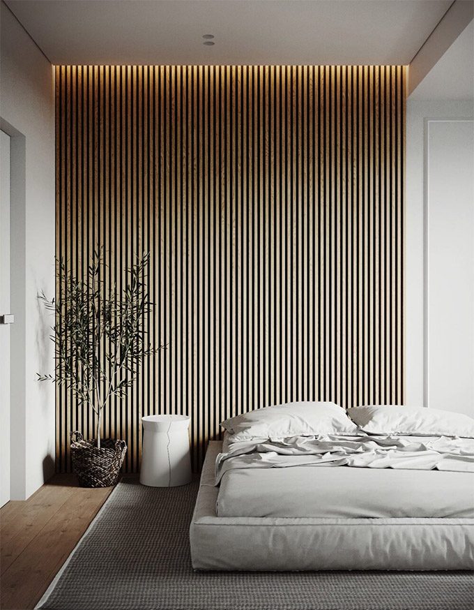 minimalist japandi bedroom with wood cladding feature wall