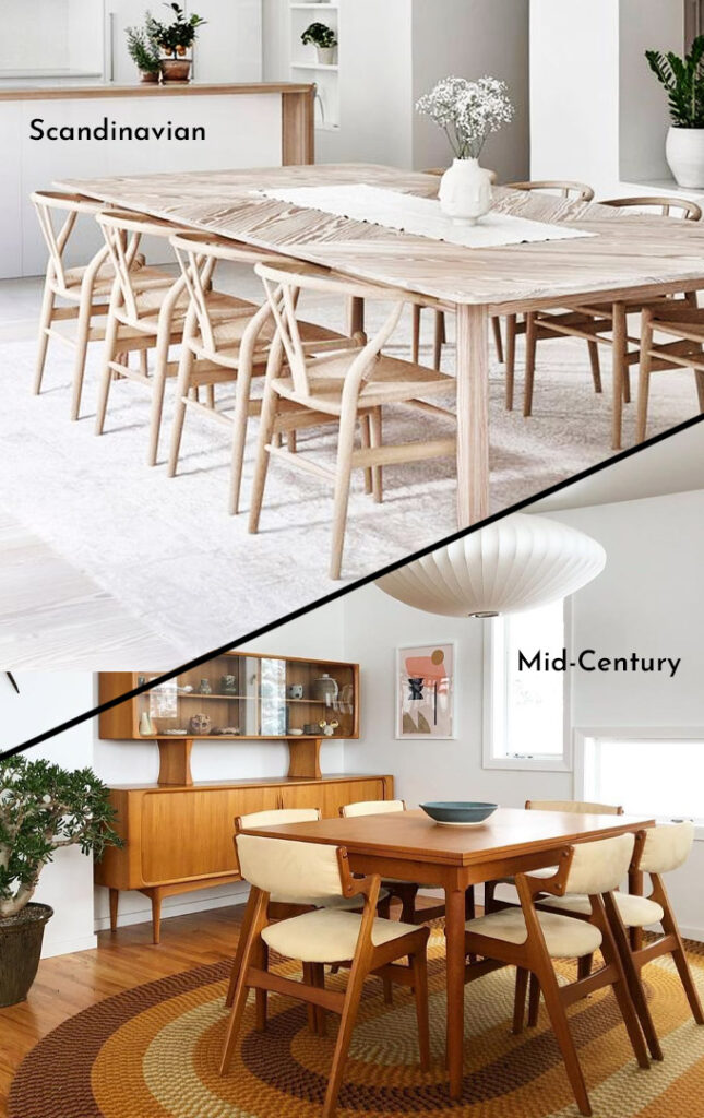 a visual example of a scandinavian dining room versus a mid-century modern dining room