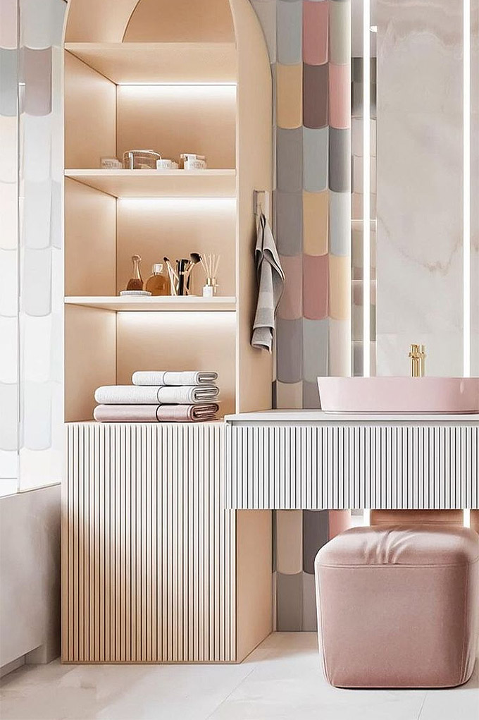 postmodern bathroom with pastel hues and arched shapes