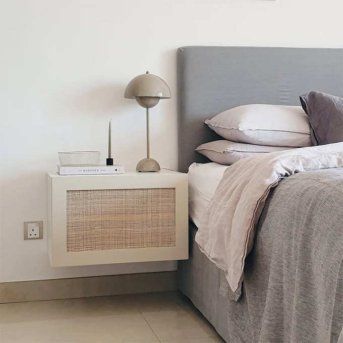 wall mounted furniture is always a great option in small spaces, like these wall mounted bedside tables