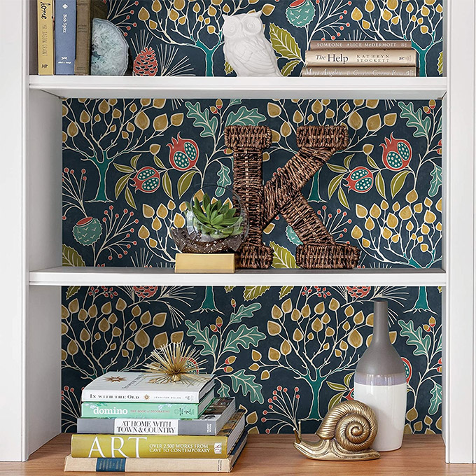 peel and stick wallpaper used inside a bookcase