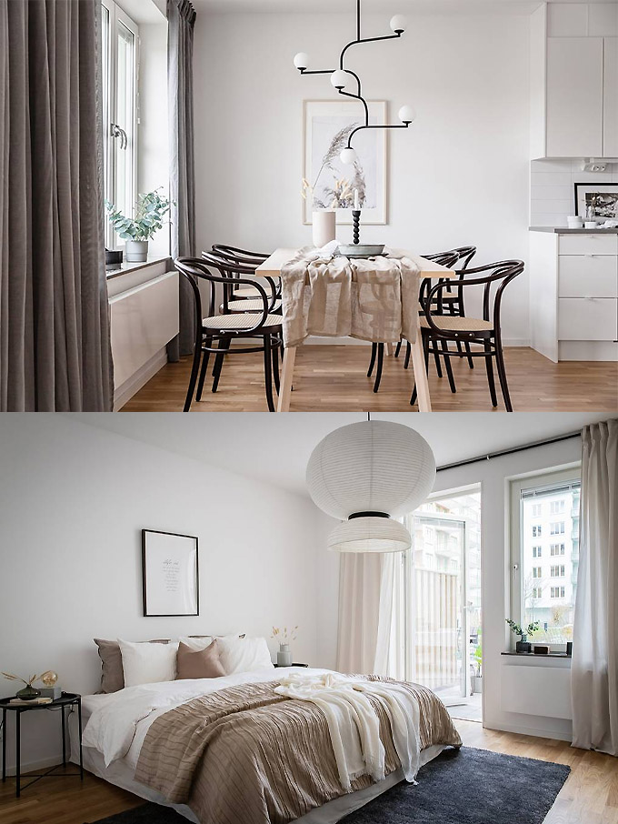 sculptural lighting fixtures in dining and bed areas
