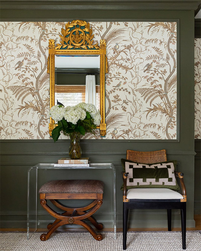 traditional vignette with ornate gold frame and wallpaper