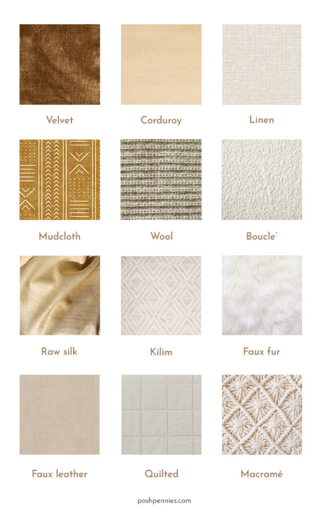 perfect materials to choose when mixing and matching throw pillows - a variety of these fabrics will give life to your throw pillow arrangement!