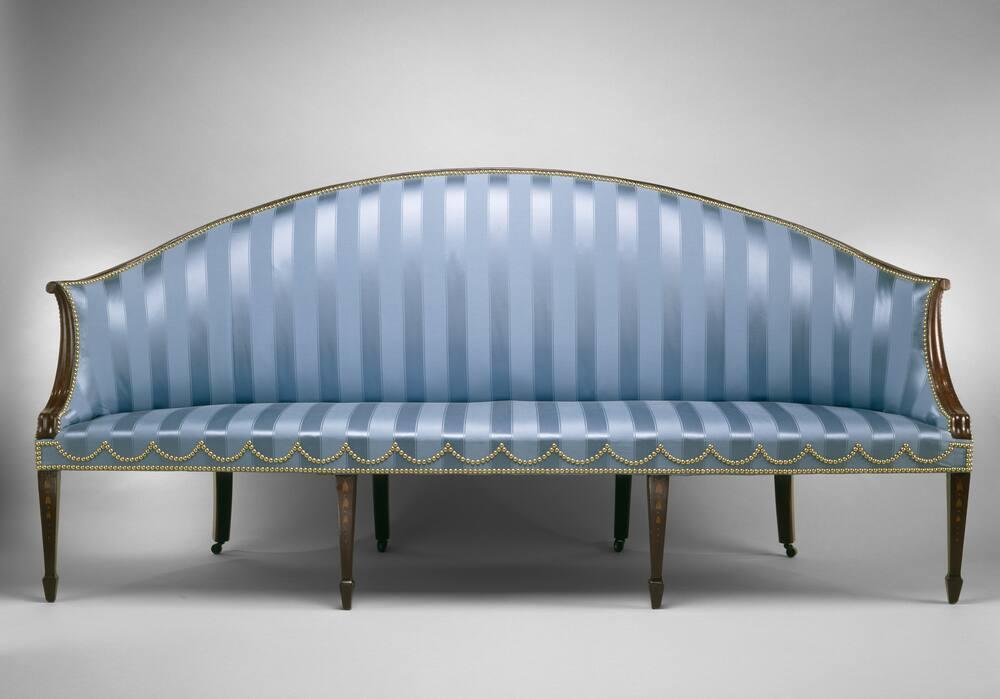 pin stripe silk cabriolet sofa with straight legs