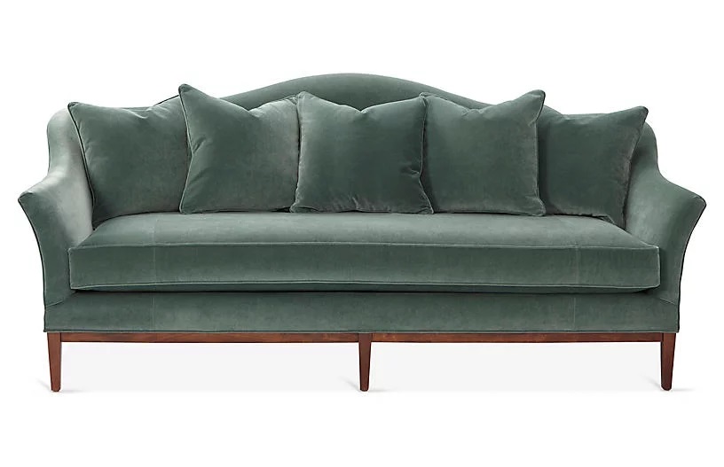 jade colored velvet camelback sofa