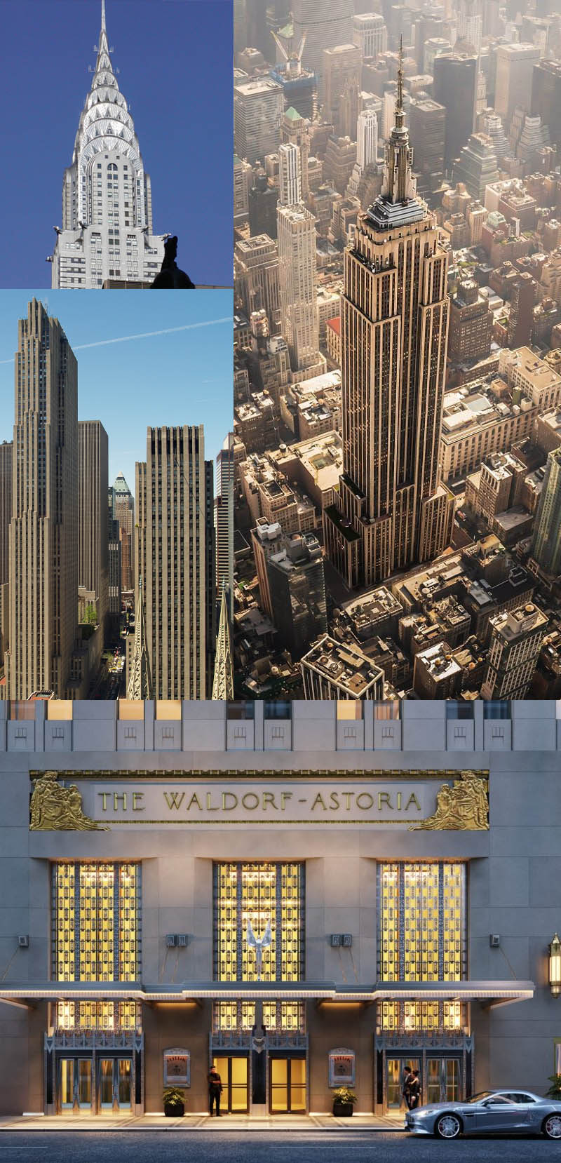 Famous American art deco skyscrapers: the Empire State Building, Chrysler Building, Rockefeller Center, and Waldorf Astoria Hotel. 