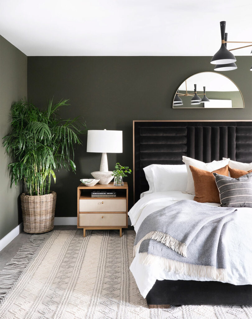 contemporary bedroom with tricorn black walls