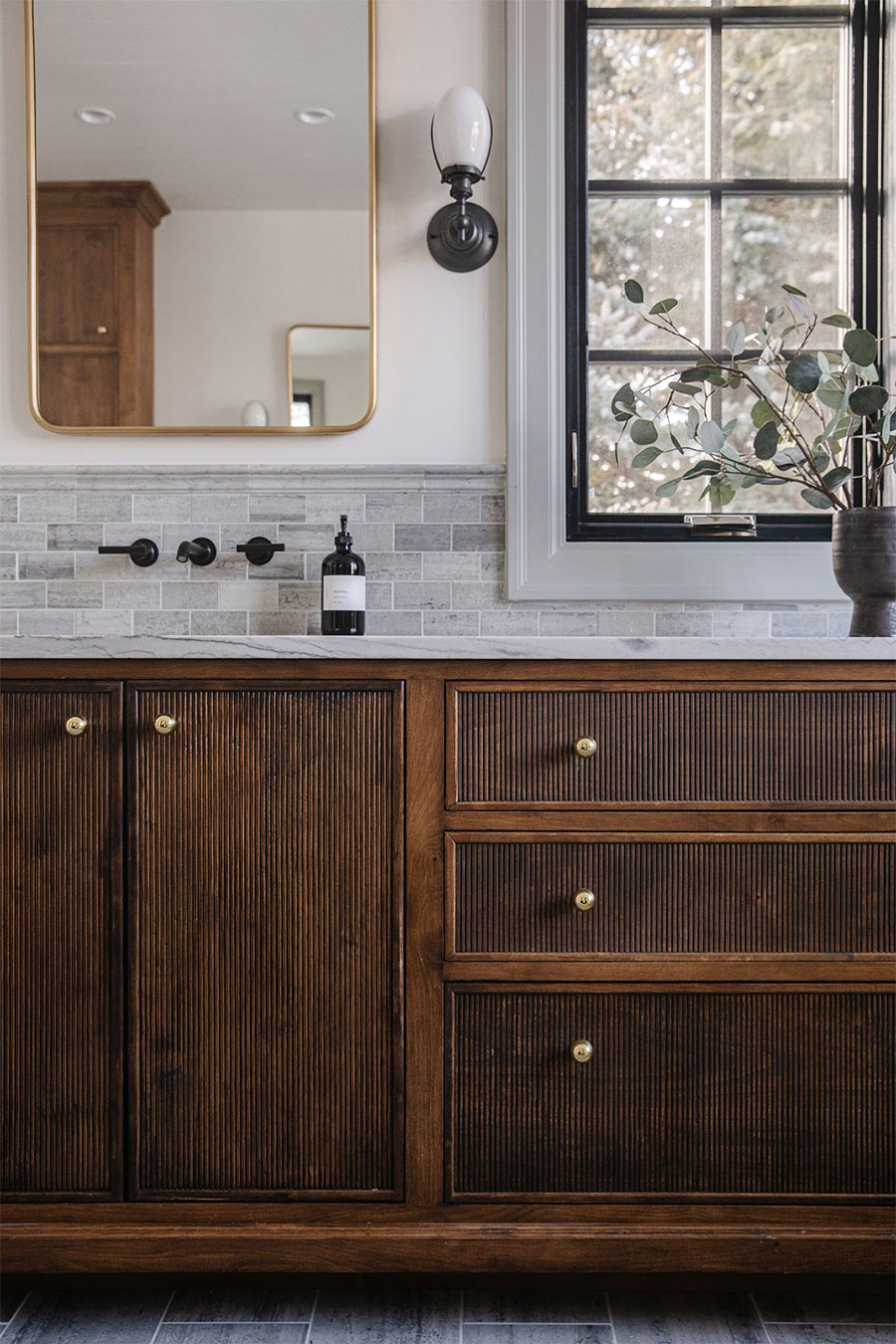 brown reeded bathroom cabinets