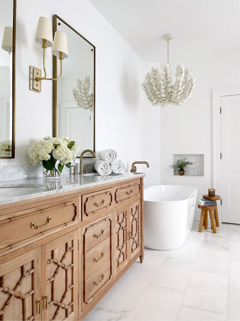 standalone tub in a bathroom painted in chantilly lace