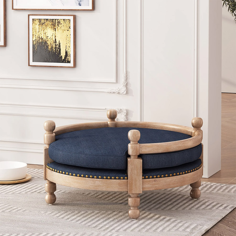 cute light white oak round dog bed with navy blue cushion