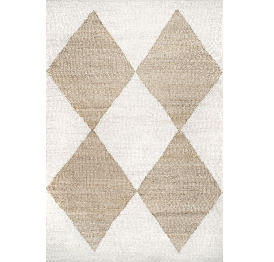 White and tan checkered jute rug