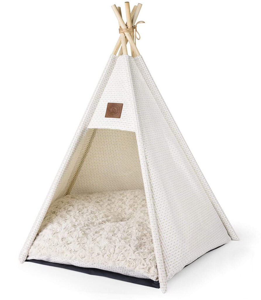 teepee dog bed in neutral tones