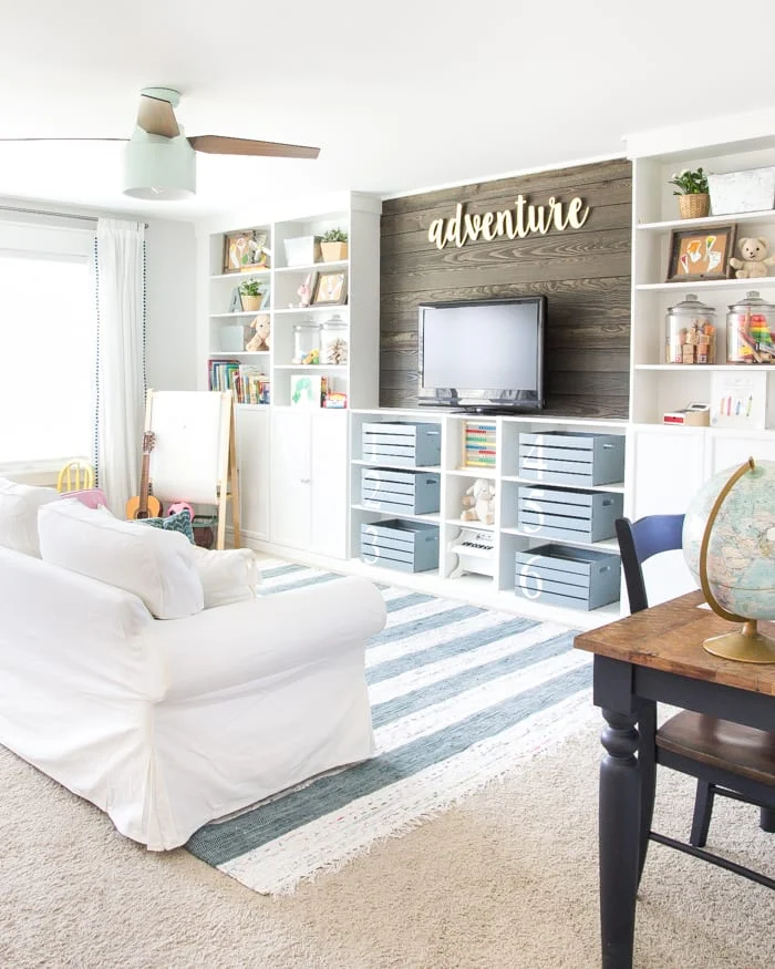 Blue and white playroom with white ikea billy built-ins