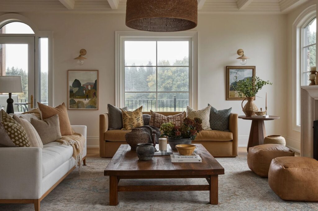 beautiful living room with wood accents and timeless white windows
