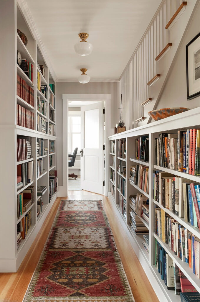 clever book storage in a long hallway