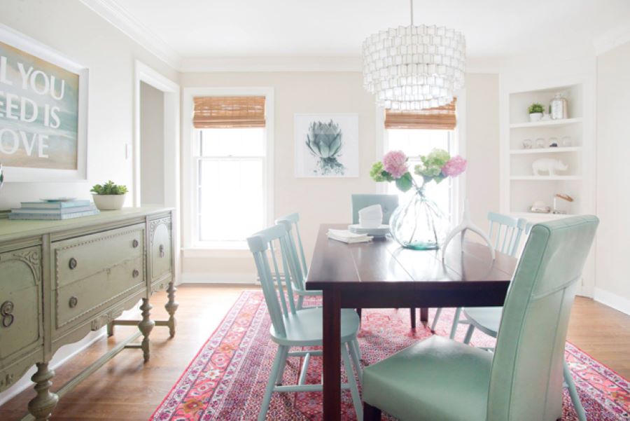 Benjamin Moore Edgecomb Gray shaby chic dining room with fun pops of light, sea foam green, and red area rug