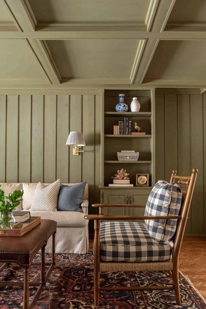 Olive green walls and vintage modern furniture