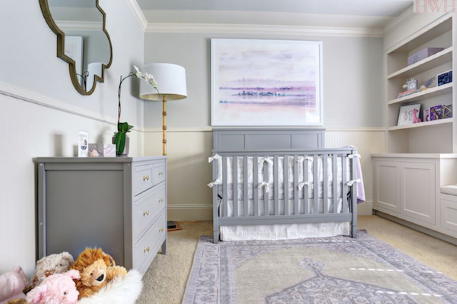 sherwin williams agreeable gray little girls nursery with lavender decor