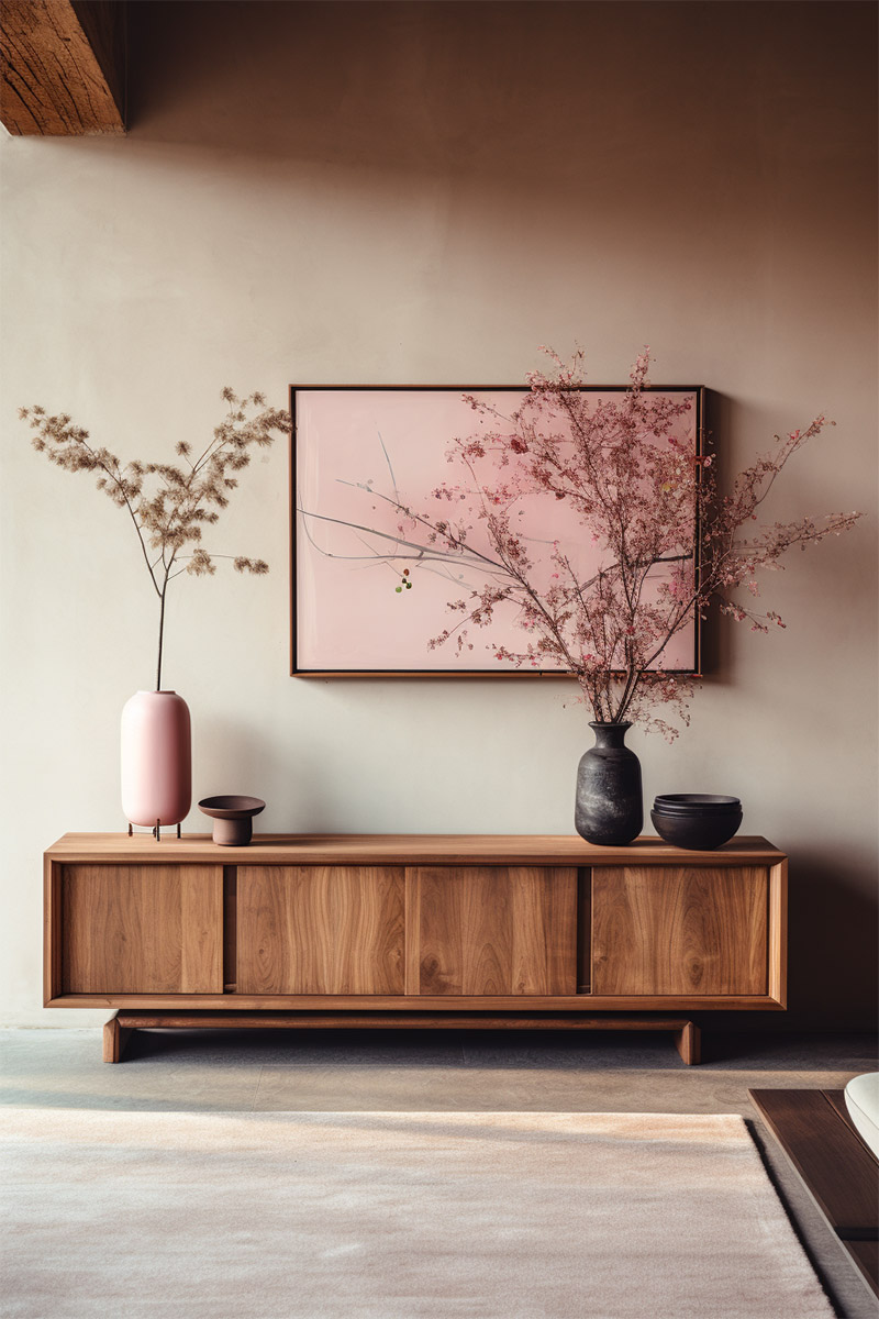 barbiecore + japandi interior