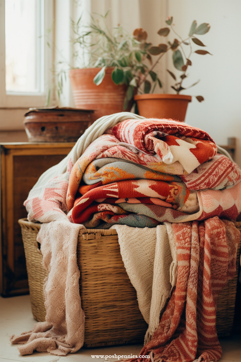 colorful boho style throws with red tones stored in a woven basket