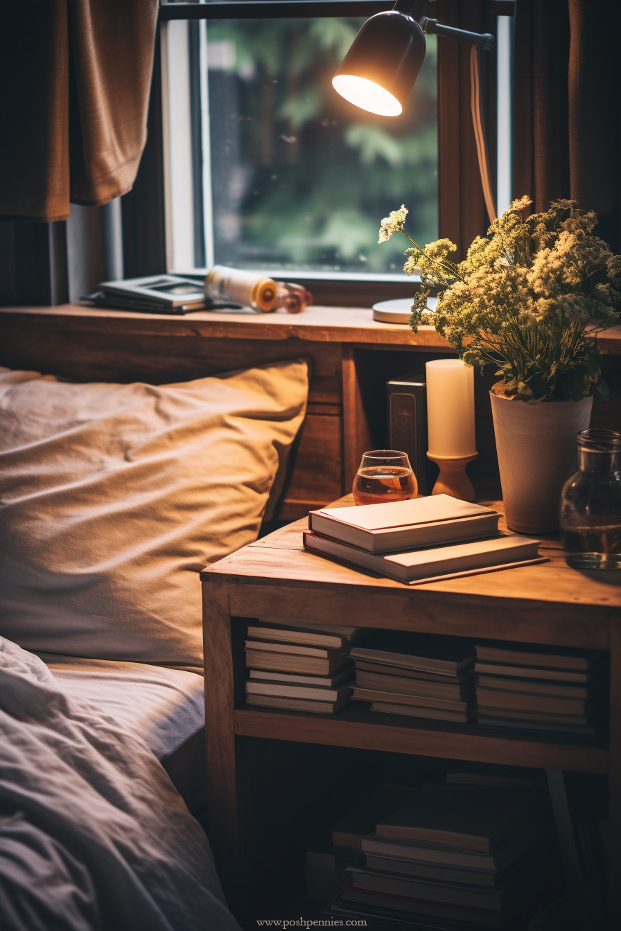 cozy dorm room bedside table with a table lamp illuminating the scene