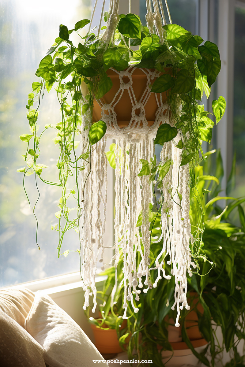pothos plant in hanging macrame planter