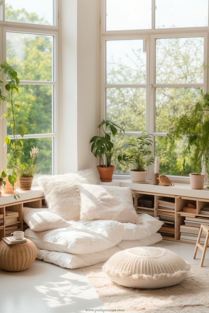 floor pillows and poufs strewn around in a cozy reading nook in the corner of a bright and luminous boho dorm