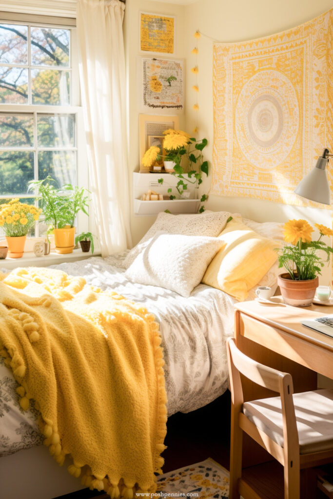 boho dorm room with yellow accents
