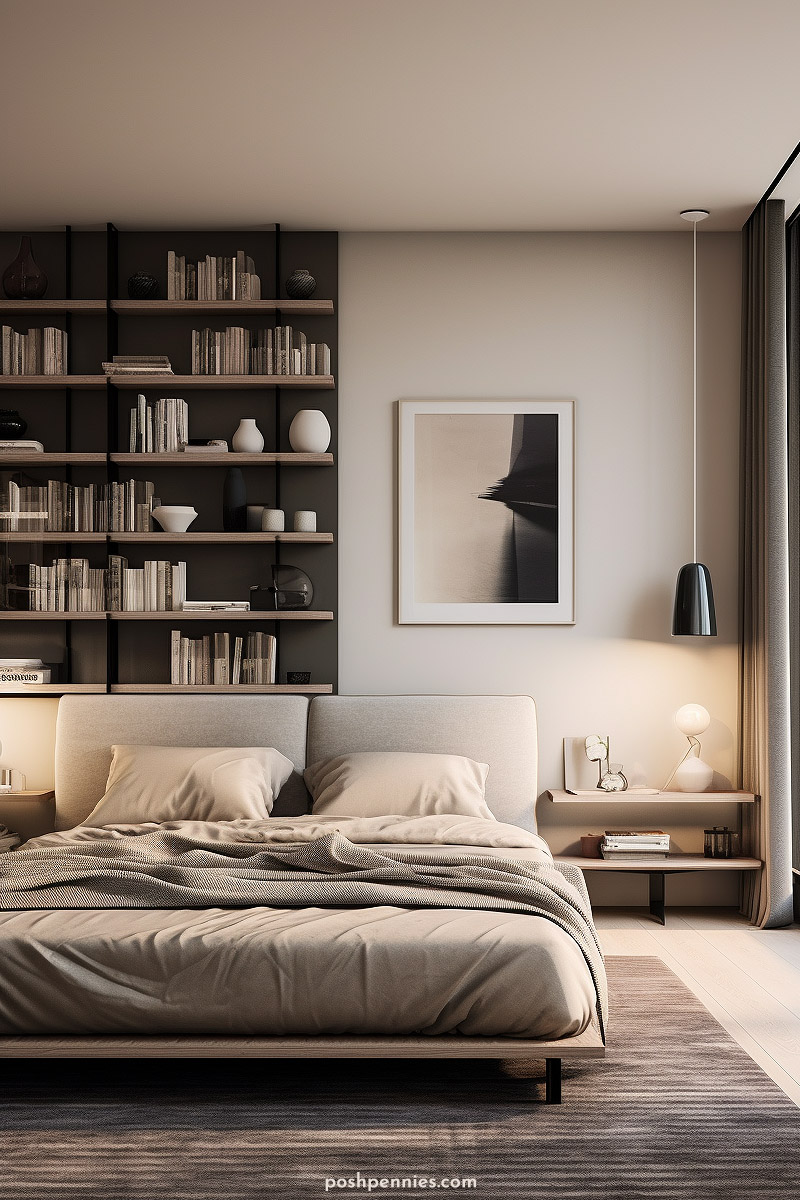 A bedroom with a large shelving unit on one side, balanced by a clean white wall with a single, bold painting and a single hanging light fixture on the other side.