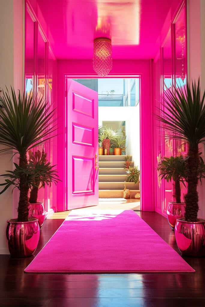 HIGH GLOSS lacquer hot pink entryway with potted palm trees in gold planters