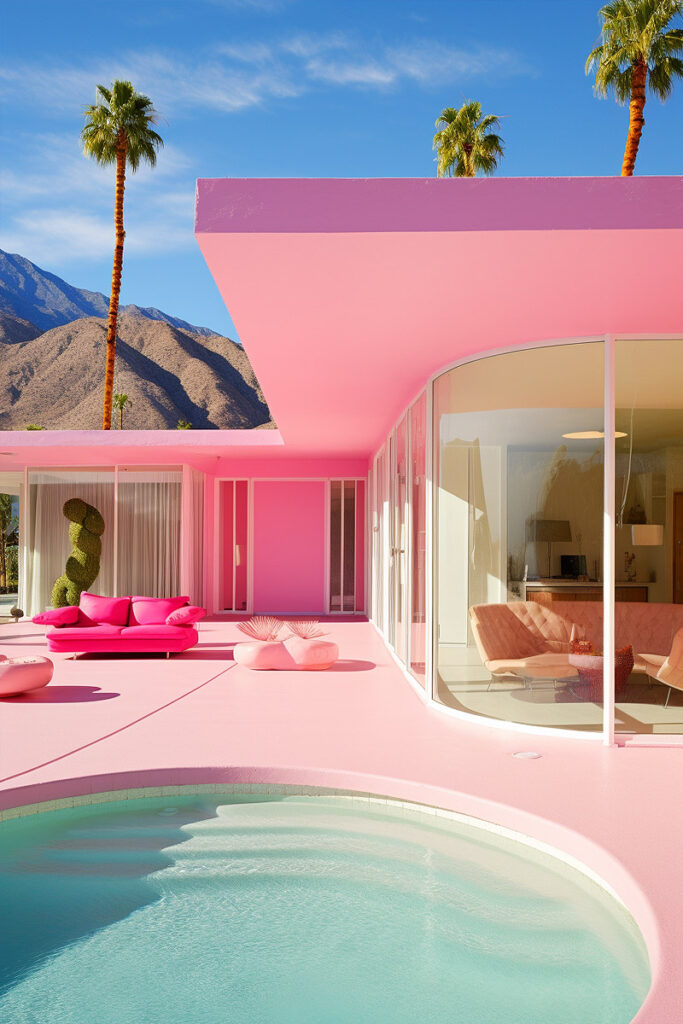beautiful barbie style poolside scene in a desert setting